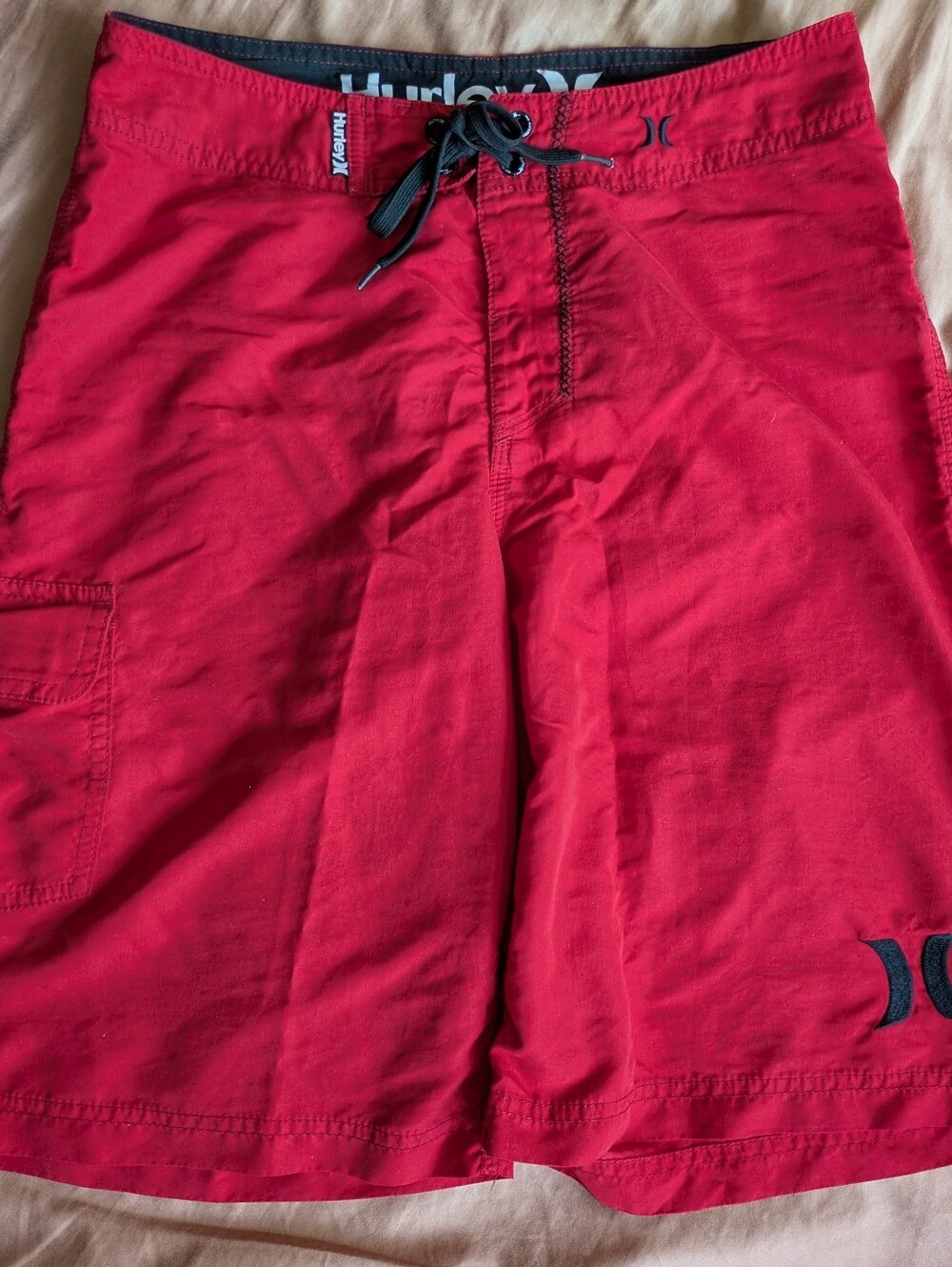 Hurley Bright Red Men's Swim Boardshorts with Black Drawstring And Velcro Pocket